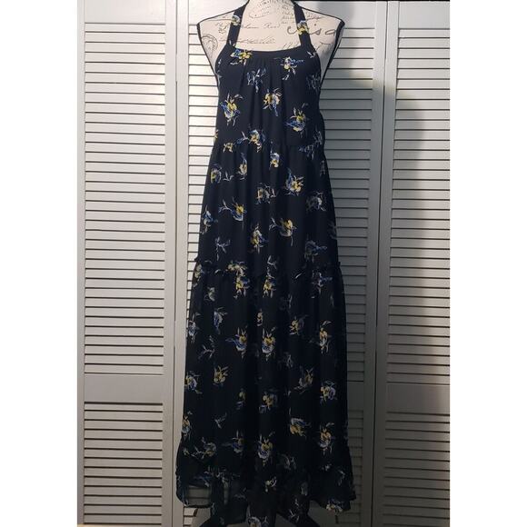 Who What Wear Halter Maxi Dress Womens XS Black Floral Tiered Chiffon Sleeveless - Picture 1 of 10